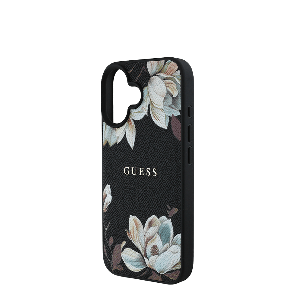 GUESS - Magsafe Grained IPhone 16 Black Case with Printed Flower Pattern - Fastrak