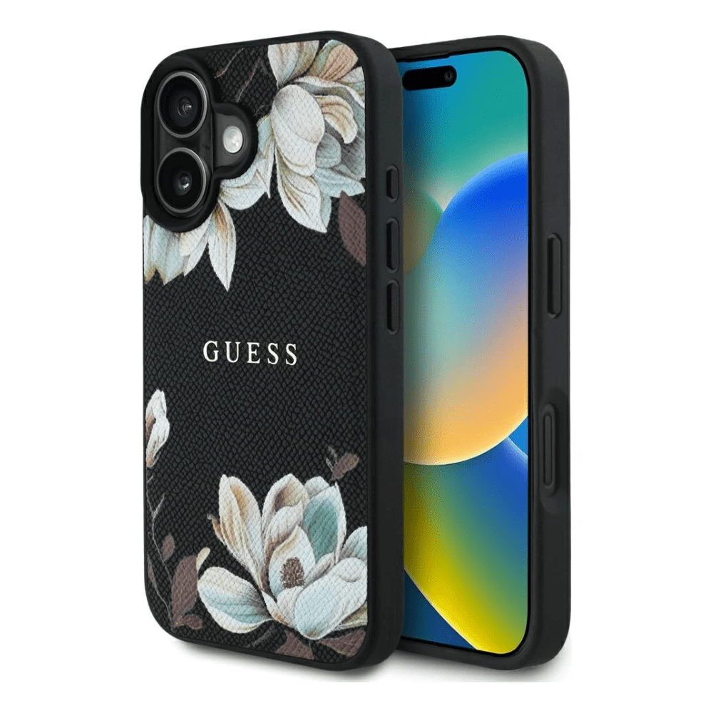 GUESS - Magsafe Grained IPhone 16 Black Case with Printed Flower Pattern - Fastrak