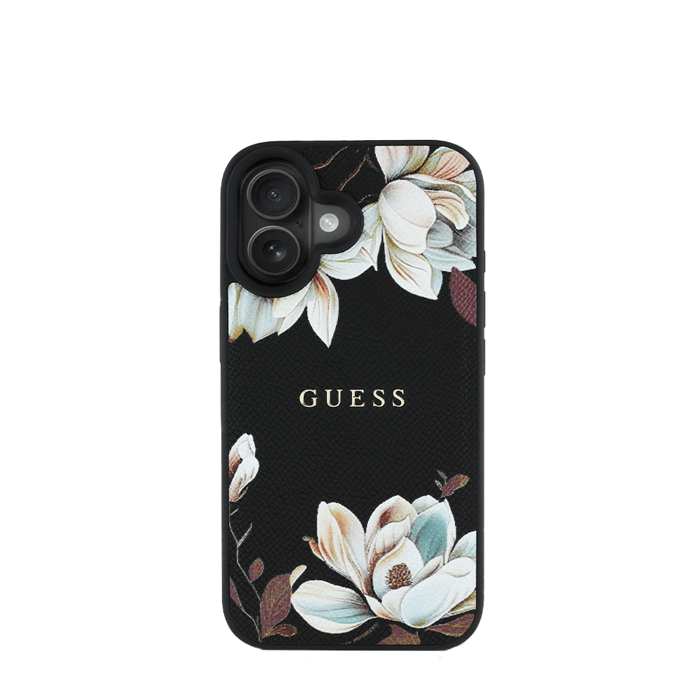 GUESS - Magsafe Grained IPhone 16 Black Case with Printed Flower Pattern - Fastrak