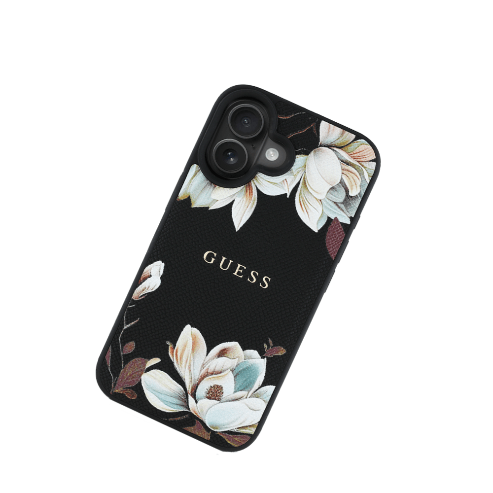 GUESS - Magsafe Grained IPhone 16 Black Case with Printed Flower Pattern - Fastrak