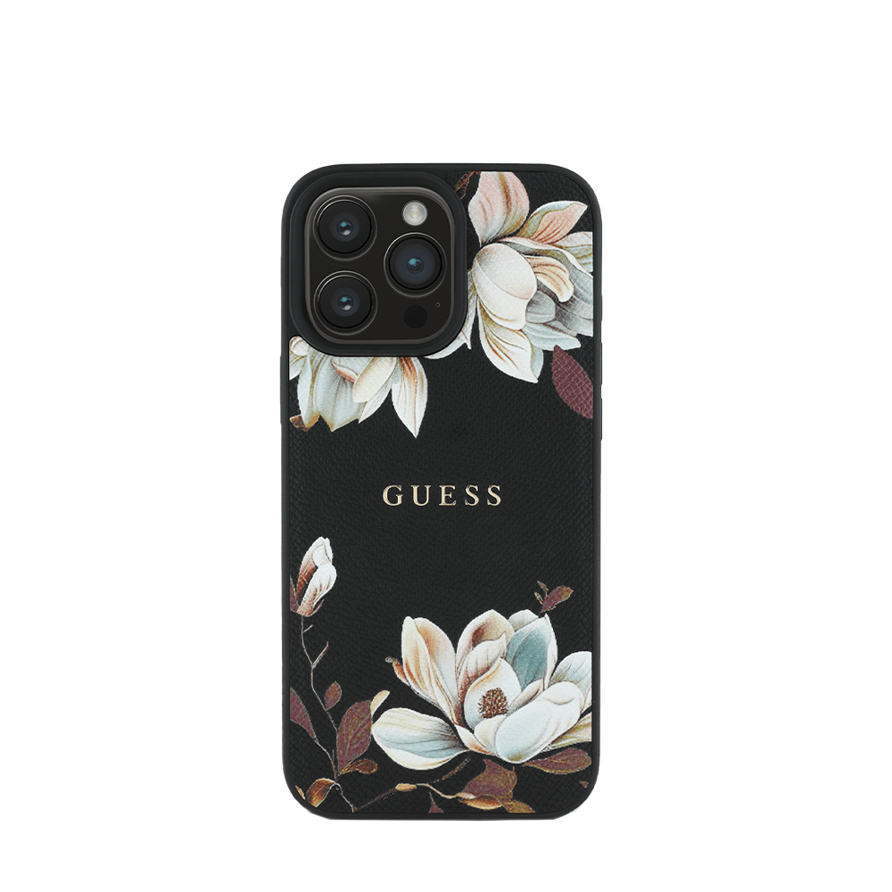 GUESS - Magsafe Grained IPhone 16 Pro Black Case with Printed Flower Pattern - Fastrak