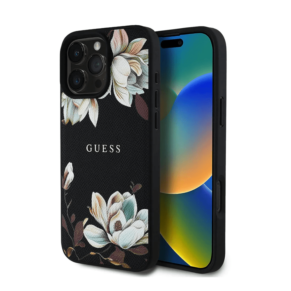 GUESS - Magsafe Grained IPhone 16 Pro Black Case with Printed Flower Pattern - Fastrak