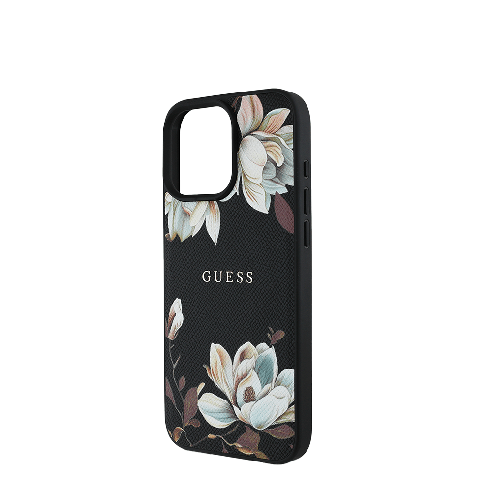 GUESS - Magsafe Grained IPhone 16 Pro Black Case with Printed Flower Pattern - Fastrak