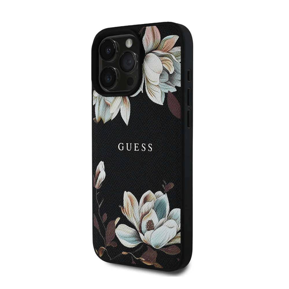 GUESS - Magsafe Grained IPhone 16 Pro Black Case with Printed Flower Pattern - Fastrak