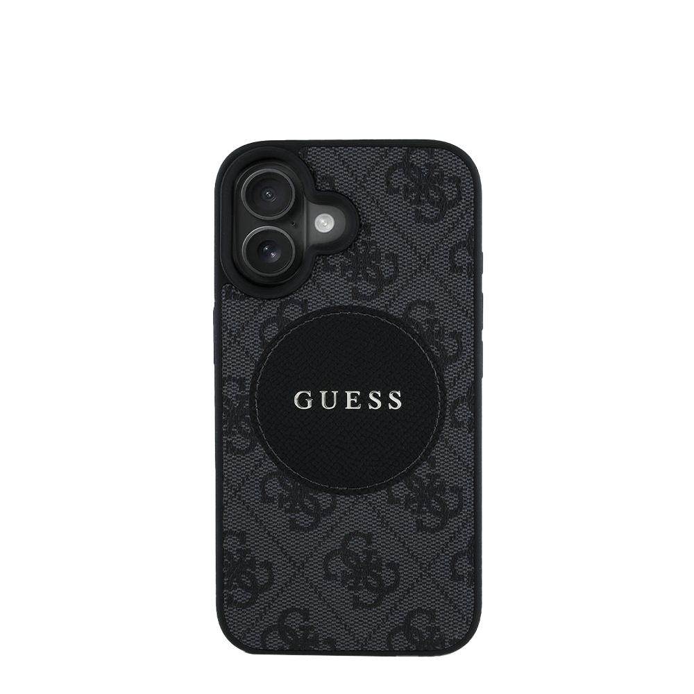 GUESS - Magsafe Grained IPhone 16 Black Case with Round Patch - Fastrak