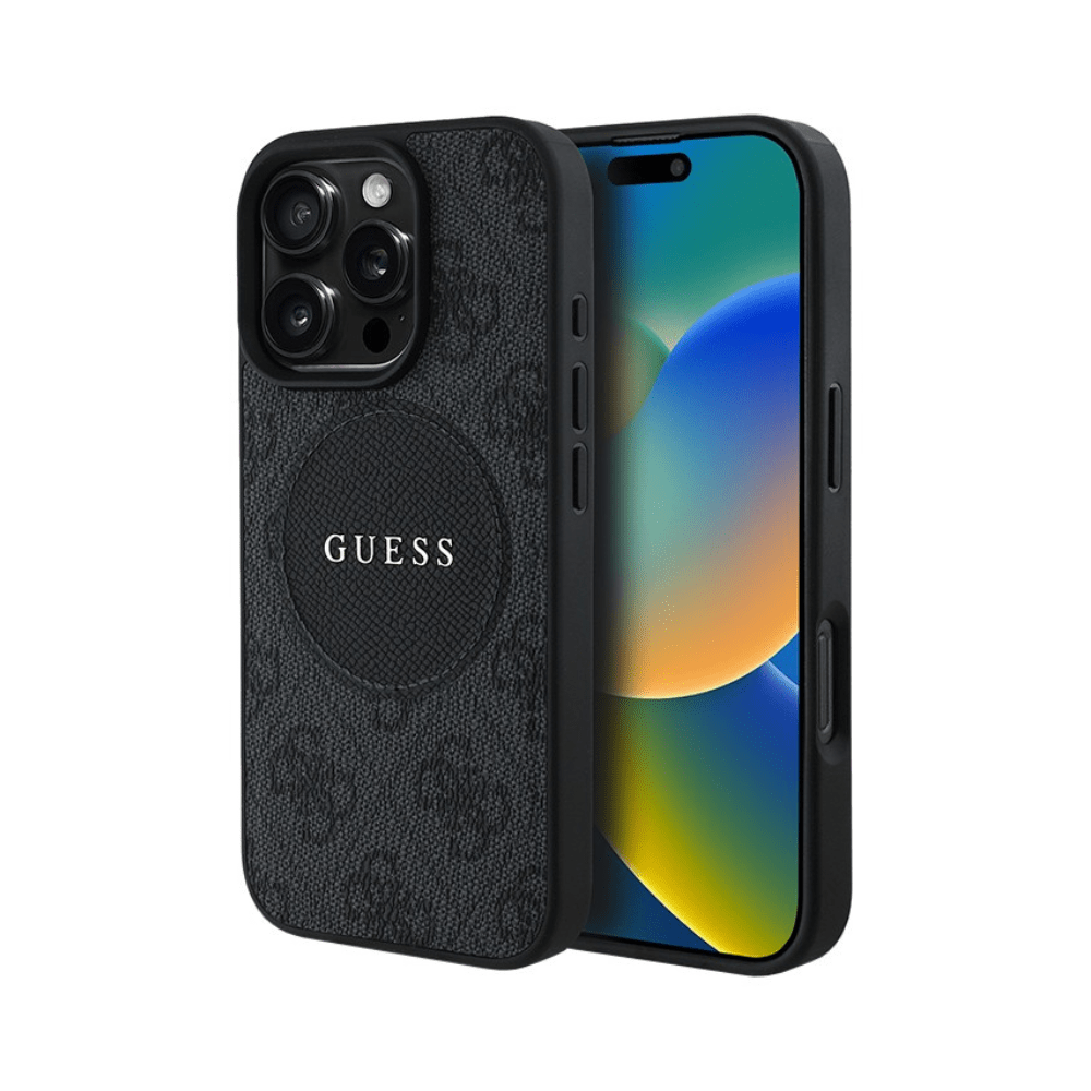 GUESS - Magsafe Grained IPhone 16 Pro Black Case with Round Patch - Fastrak