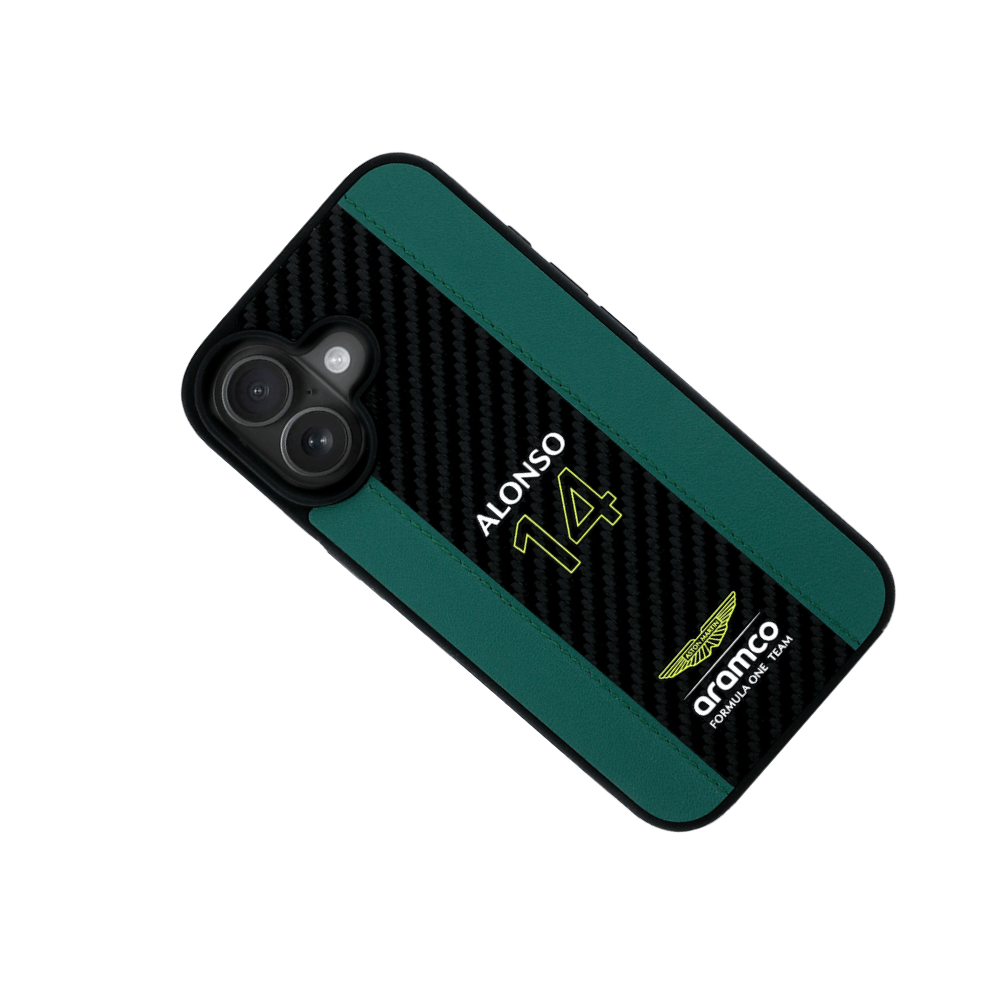 ASTON MARTIN - Aramco Magsafe F1 - Genuine Green Leather IPhone 16 Case - Fastrak