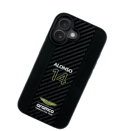 ASTON MARTIN - Aramco Magsafe F1 - Genuine Black IPhone 16 Leather Case - Fastrak