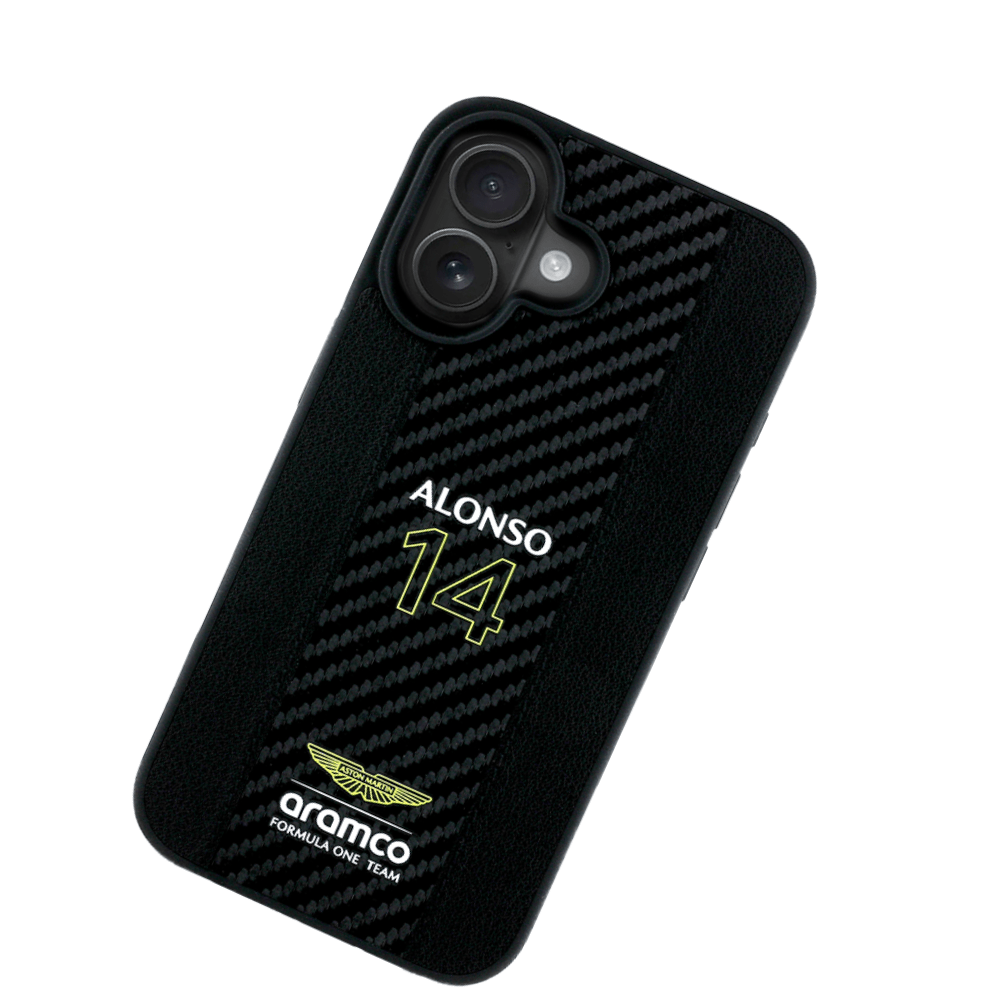 ASTON MARTIN - Aramco Magsafe F1 - Genuine Black IPhone 16 Leather Case - Fastrak