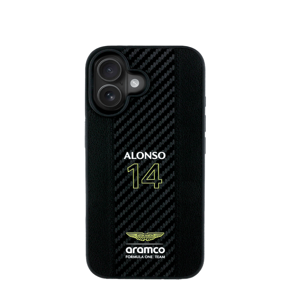 ASTON MARTIN - Aramco Magsafe F1 - Genuine Black IPhone 16 Leather Case - Fastrak
