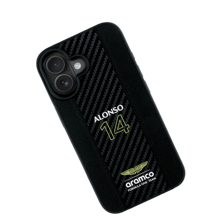 ASTON MARTIN - Aramco Magsafe F1 - Genuine Black IPhone 16 Leather Case - Fastrak