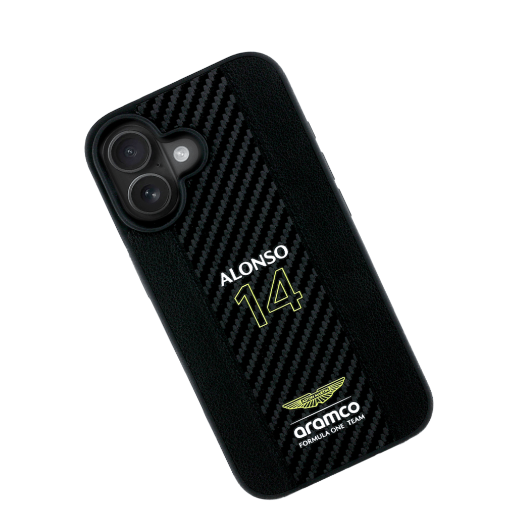 ASTON MARTIN - Aramco Magsafe F1 - Genuine Black IPhone 16 Leather Case - Fastrak