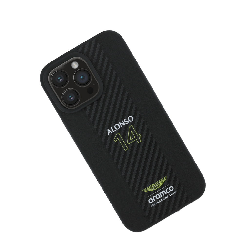 ASTON MARTIN - Aramco Magsafe F1 - Genuine Black Leather IPhone 16 Pro Case - Fastrak