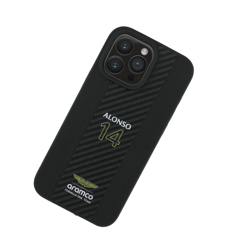 ASTON MARTIN - Aramco Magsafe F1 - Genuine Black Leather IPhone 16 Pro Case - Fastrak