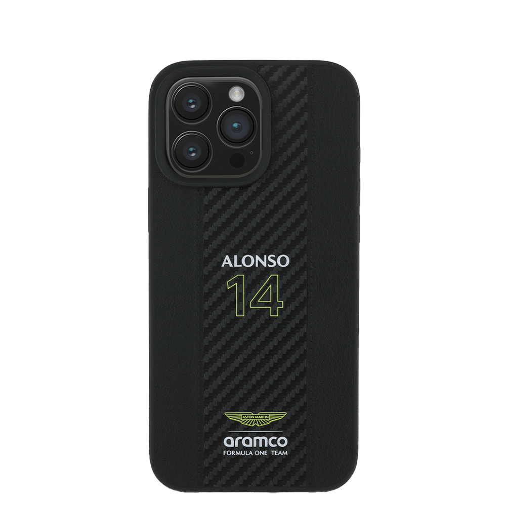 ASTON MARTIN - Aramco Magsafe F1 - Genuine Black Leather IPhone 16 Pro Max Case - Fastrak