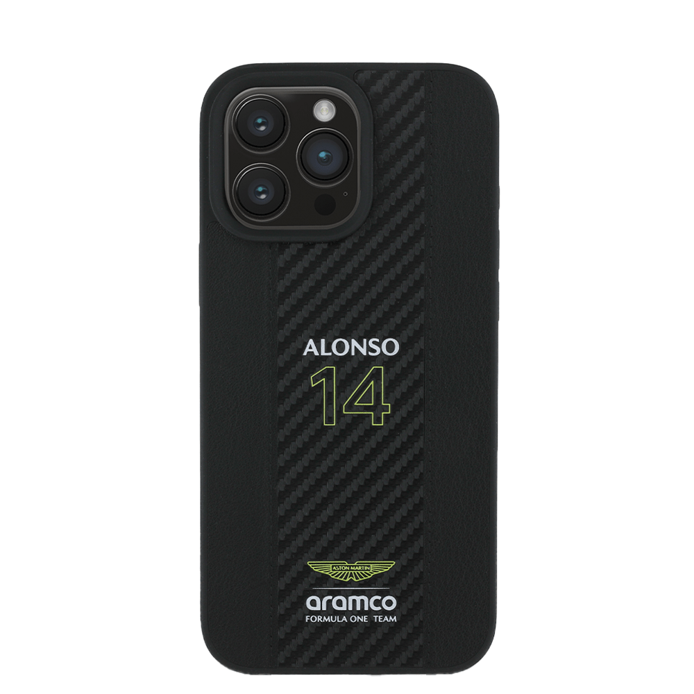 ASTON MARTIN - Aramco Magsafe F1 - Genuine Black Leather IPhone 16 Pro Max Case - Fastrak
