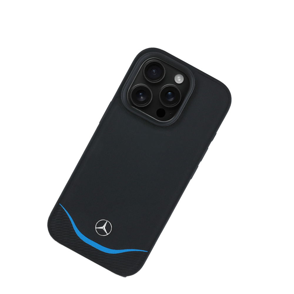 MERCEDES-Magsafe IPhone 16 Pro Black Leather Case W/ Contrasted Blue Horizontal Curve - Fastrak