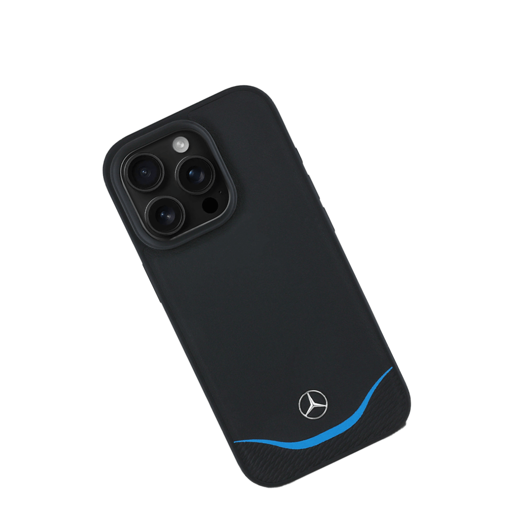 MERCEDES-Magsafe IPhone 16 Pro Black Leather Case W/ Contrasted Blue Horizontal Curve - Fastrak