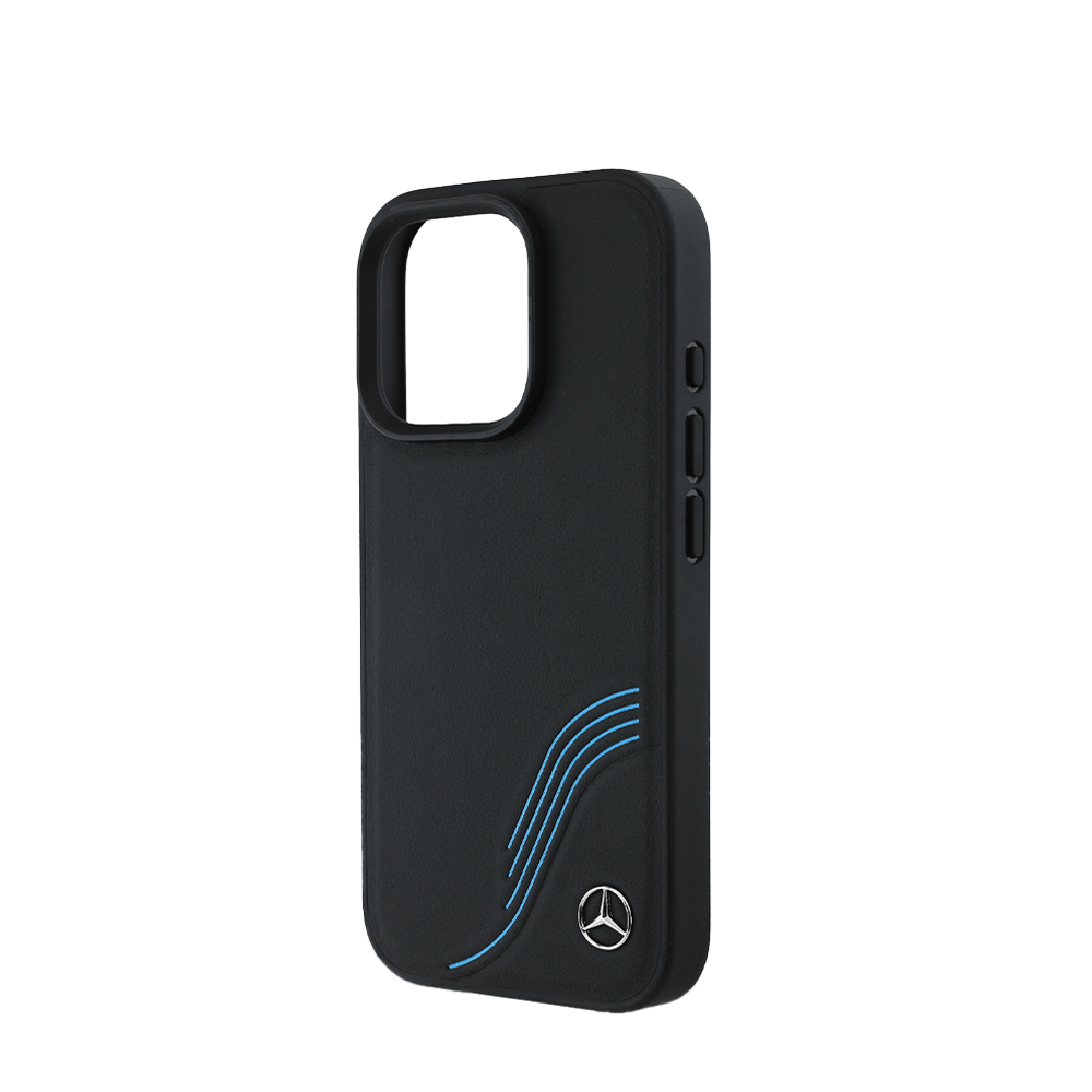 MERCEDES - Magsafe Case IPhone 16 Pro Max Black Genuine Leather W/ Blue Curves - Fastrak