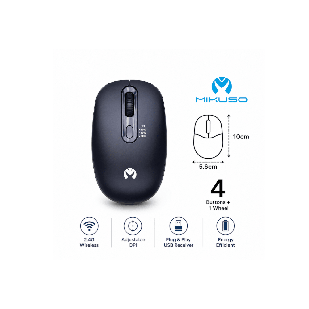Mikuso DW 2.4GHz Wireless Mouse 1600 DPI – Black [MOS-W116 BK] - Fastrak