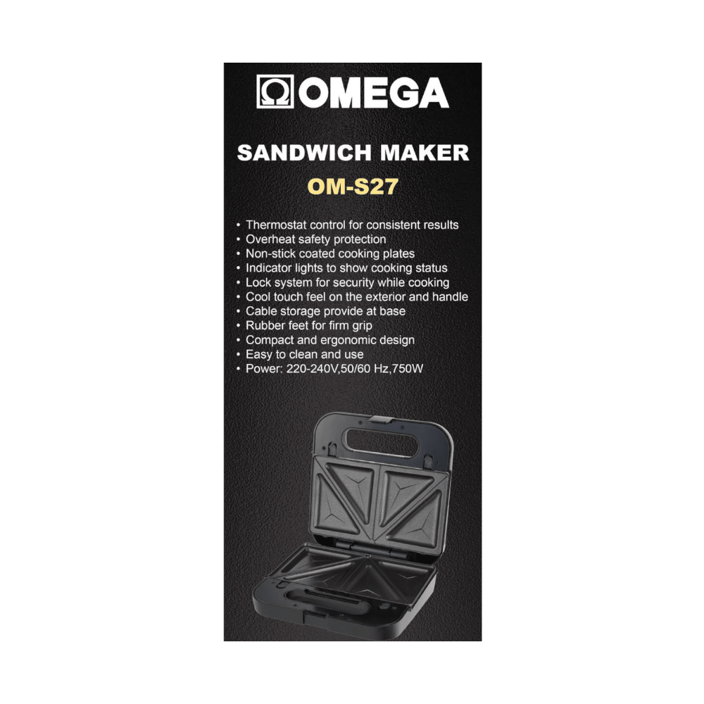 Omega 2-Slice Triangle Plate Sandwich Maker 750W White [OM-S27 WH] - Fastrak