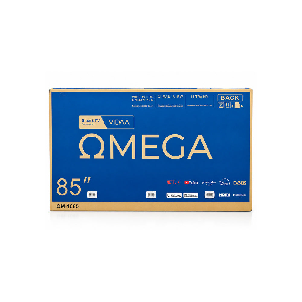 OMEGA OM-1085 85-inch VIDAA 4K UHD smart TV retail packaging