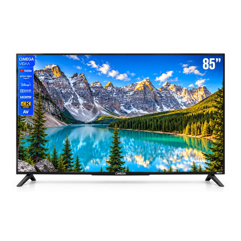 OMEGA OM-1085 85-inch VIDAA smart TV showing a mountain lake, enlarged to match TV collection image scale